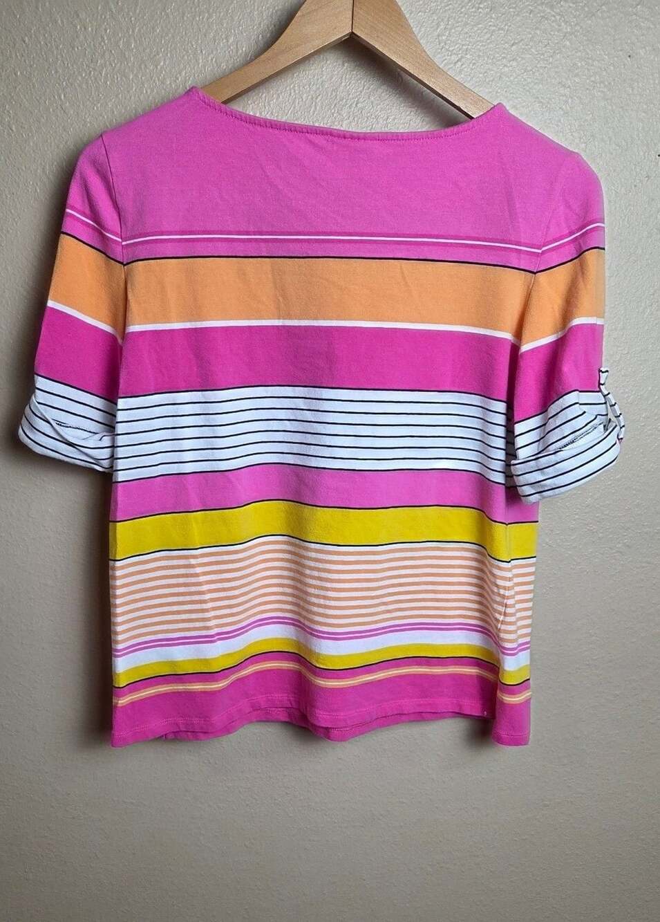 Ruby Rd. Striped Top Multi Color Roll Tab Sleeve - Picture 4 of 6